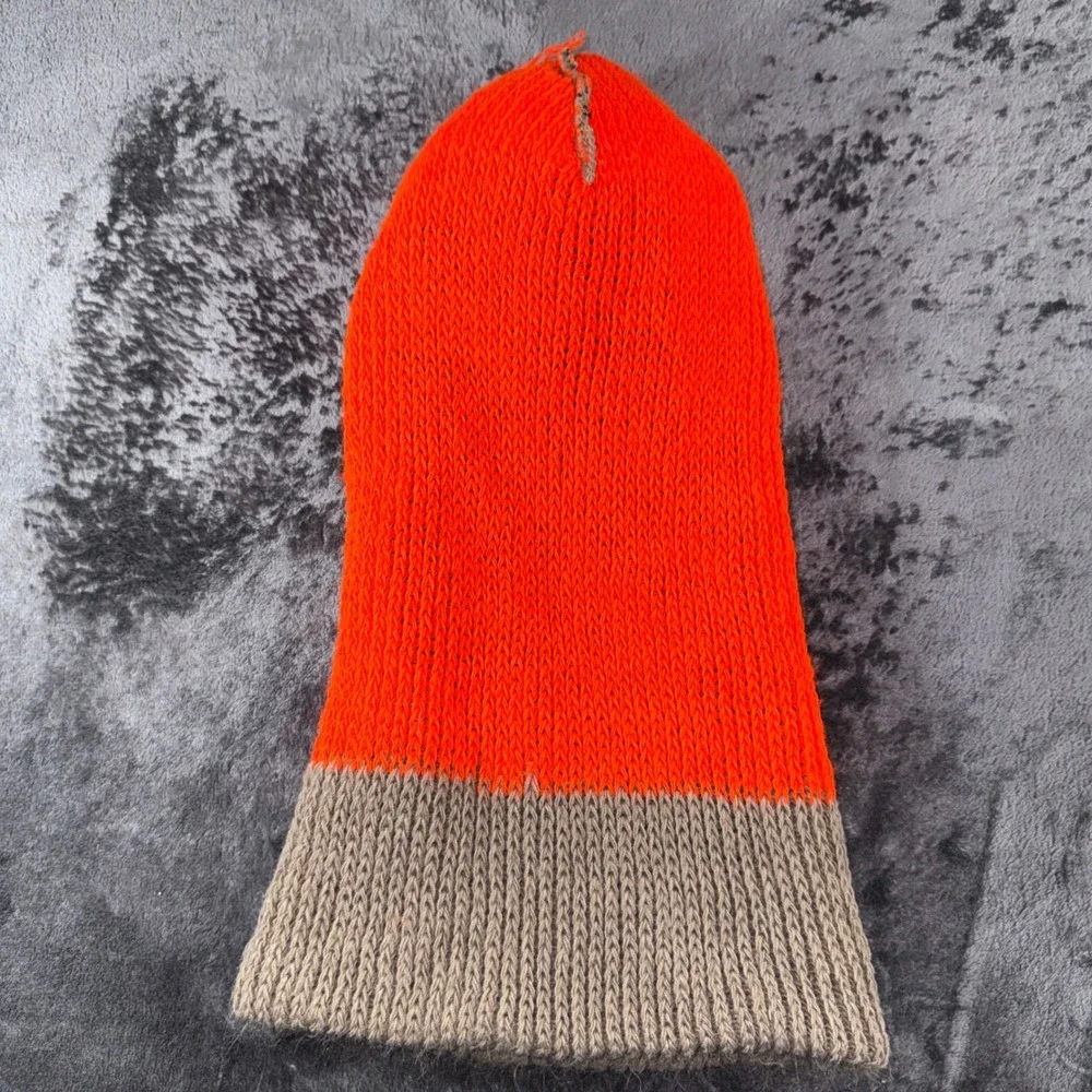 Handmade Reversible Knit Balaclava Face Mask Tan Brown Pattern Neon Orange Camo